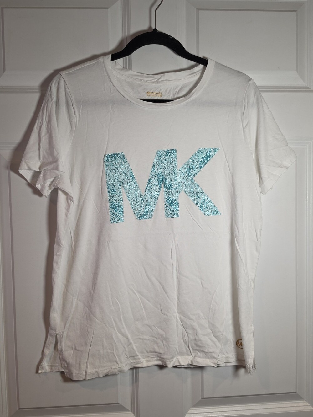 Michael Michael Kors White T-Shirt with Aqua MK Logo L
